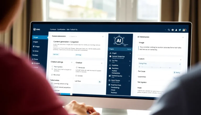 WordPress dashboard showing AI plugin interface with content generation and settings panels open