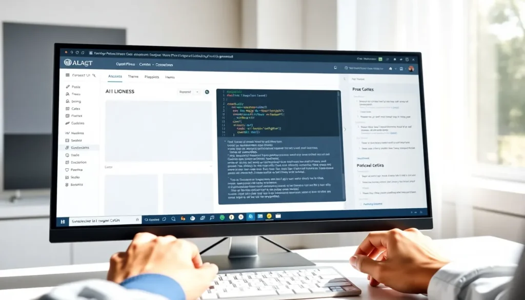 AI-generated WordPress theme layout displayed on a laptop screen with code editor open